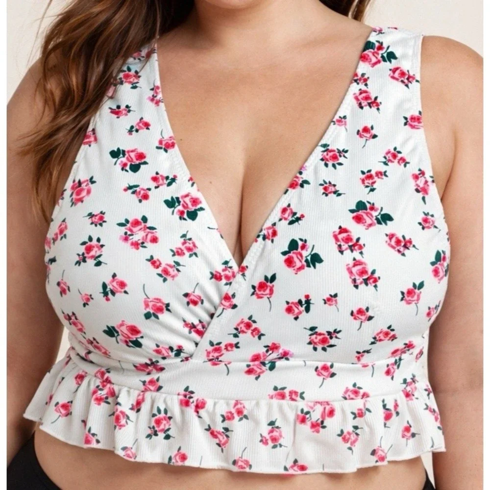 Womens 2XL Floral Ribbed Tankini Top White Pink Peplum Plus Size Swimwear